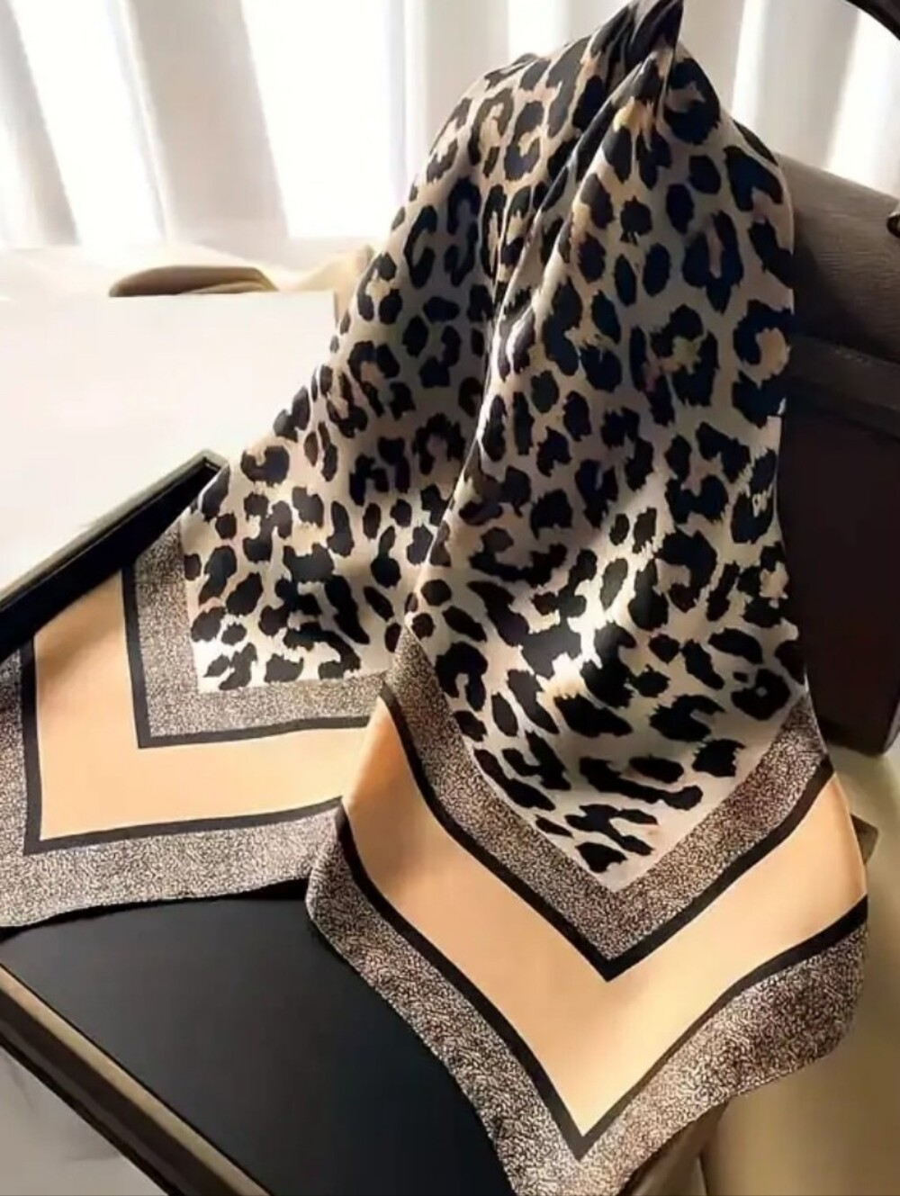 Silk- Feel Leopard Print Satin Scarf in Beige and Black Head Scarf, Neck Scarf - Picture 3 of 4